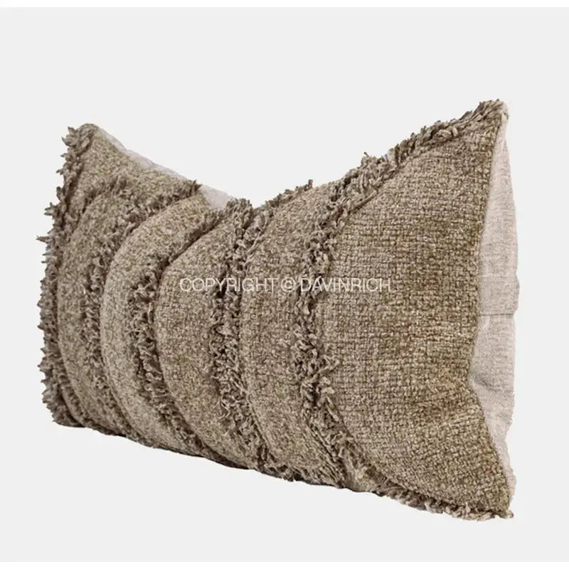 Beige DecorBites chestnut brown wabi lumbar pillow case with heavy texture and frayed layered woven fabric edges