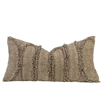 Beige textured throw pillow case with frayed vertical stripes from decorbites chestnut brown wabi sabi lumbar pillow
