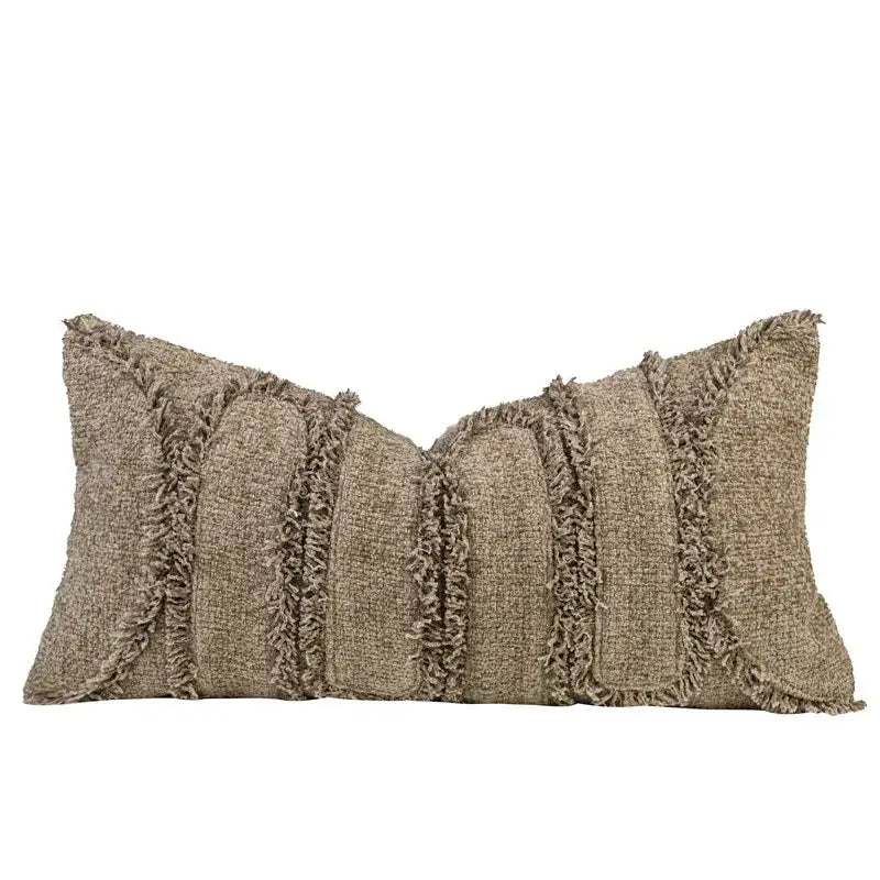 Beige textured throw pillow case with frayed vertical stripes from decorbites chestnut brown wabi sabi lumbar pillow