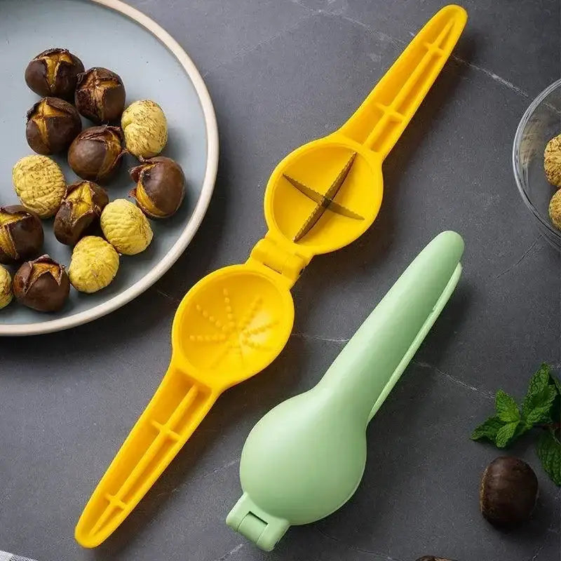 Decorbites chestnut clip plastic nutcracker with yellow and mint green ergonomic handles and textured grips for shelling nuts