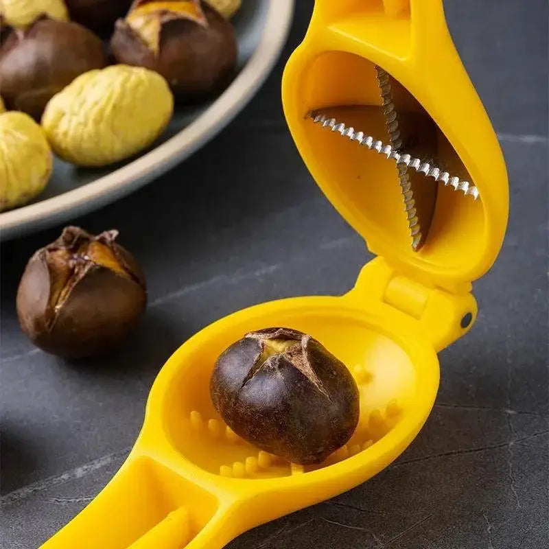 Bright yellow plastic decorbites chestnut clip nutcracker with hinged design and metallic spiral blades for cracking shells