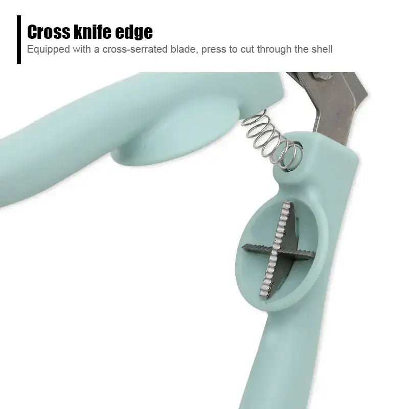 Light blue plastic-handled decorbites chestnut cracker scissors with cross-serrated metal blade for nut opening