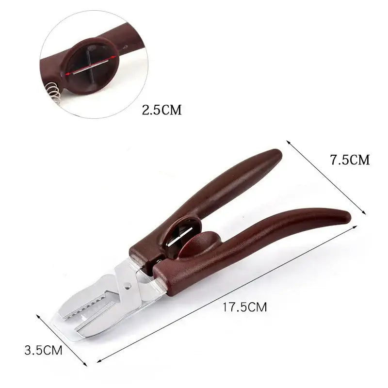 Brown-handled decorbites chestnut cracker scissors with silver metal blades and spring mechanism for nut cracking