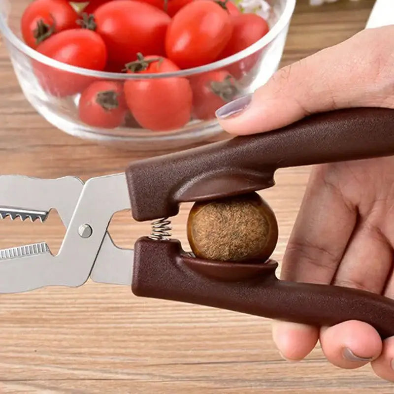 Decorbites chestnut cracker scissors made of brown plastic and stainless steel holding a textured brown nut