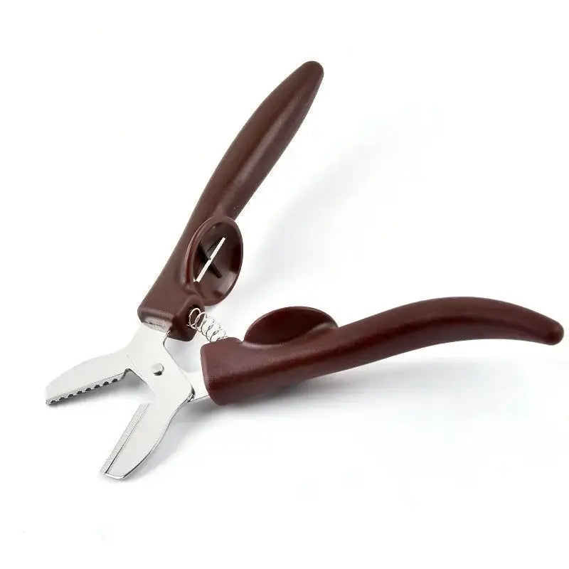 Brown plastic-handled decorbites chestnut cracker scissors with metallic serrated blades for cracking nuts and pecans