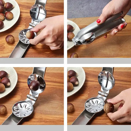 Stainless steel decorbites chestnut opener with hinged design and textured star shaped interior for easy cracking