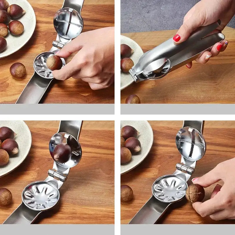 Stainless steel decorbites chestnut opener with hinged design and textured star shaped interior for easy cracking