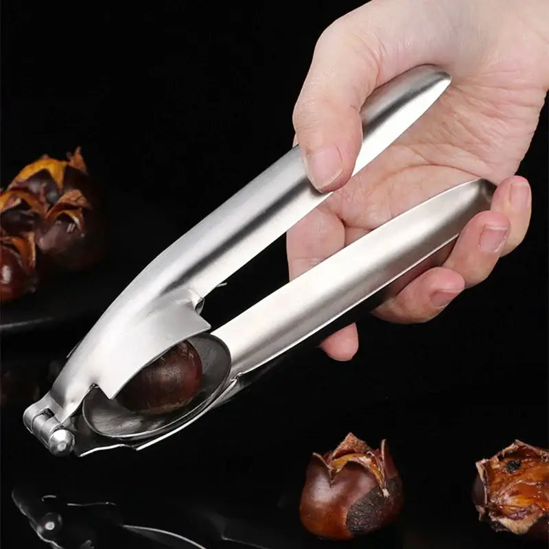 A sleek stainless steel decorbites chestnut opener with polished finish and ergonomic handles for easy shelling