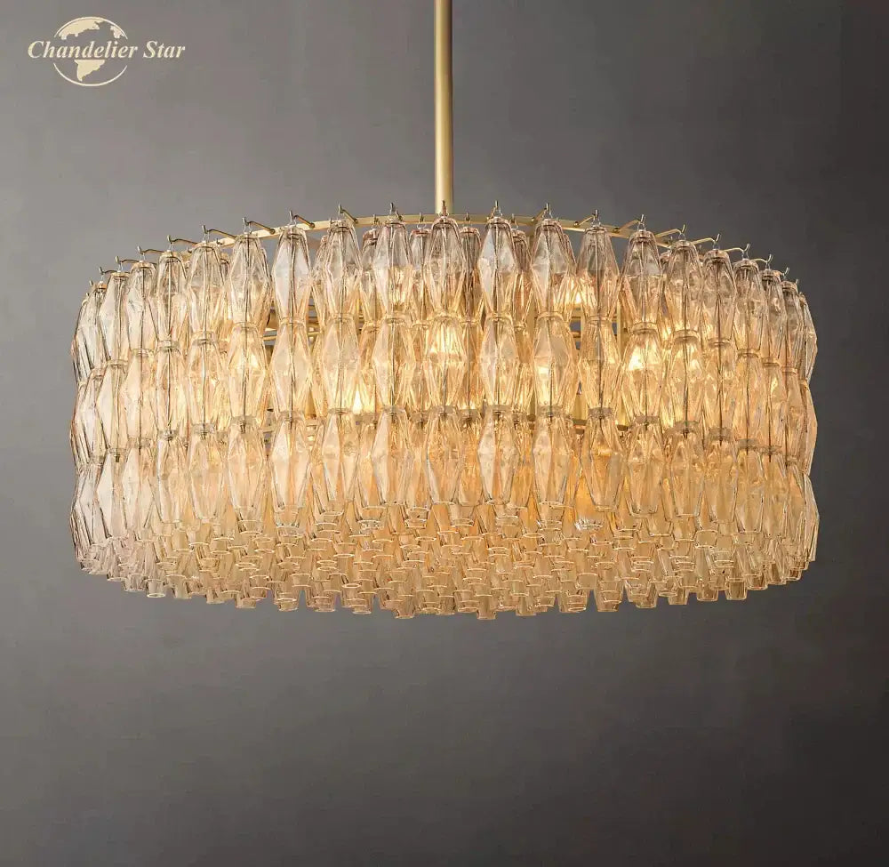 Gold-toned DecorBites chiara clear modern chandelier with cascading tiers of faceted clear glass crystals for living room