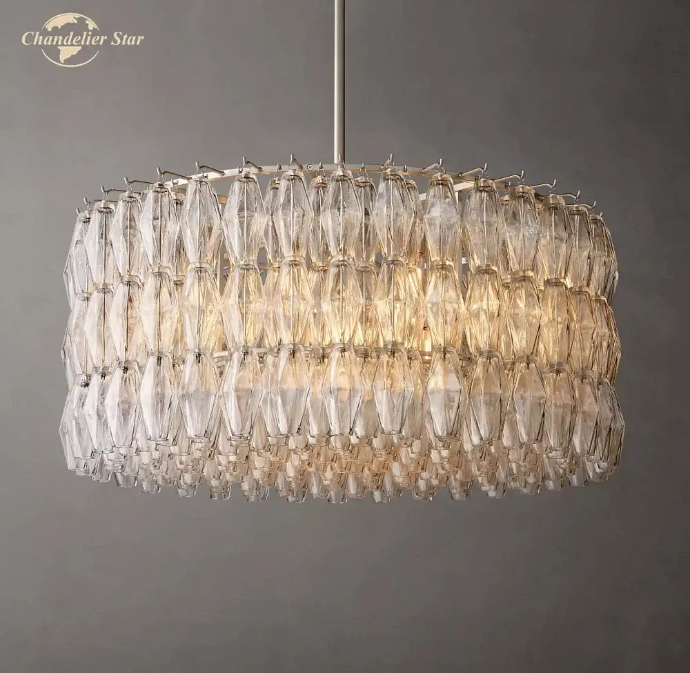 A tiered DecorBites Chiara clear glass modern black chandelier with faceted crystals for living room lighting