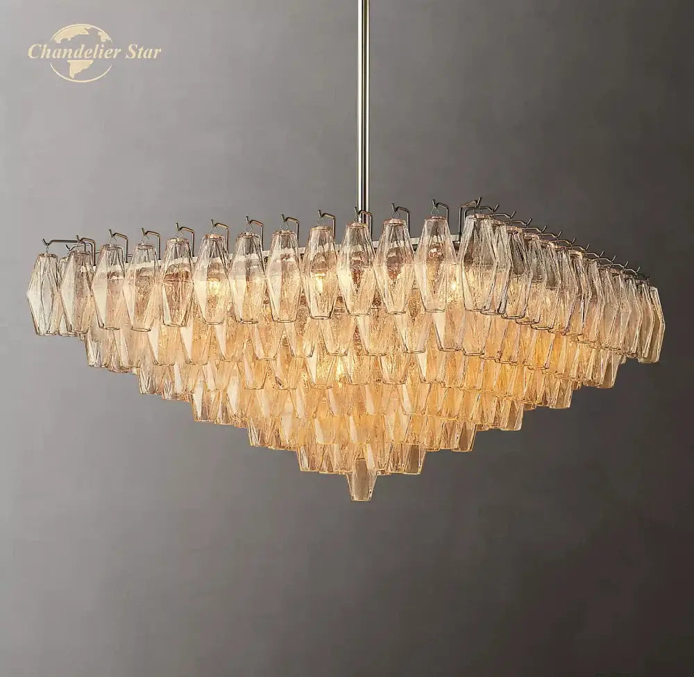 A multi-tiered decorbites chiara glass led square chandelier with amber-tinted faceted glass crystals for living dining room lighting