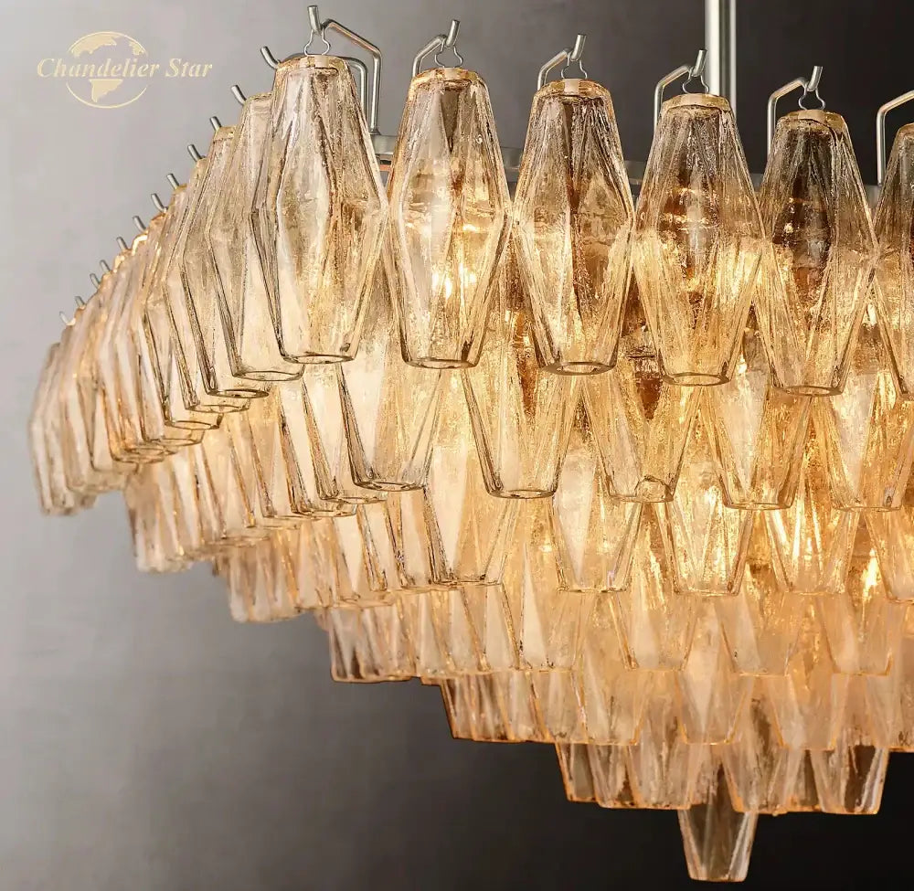 Golden faceted decorbites chiara glass led square chandelier with tiered design and metallic hooks for living dining room lighting