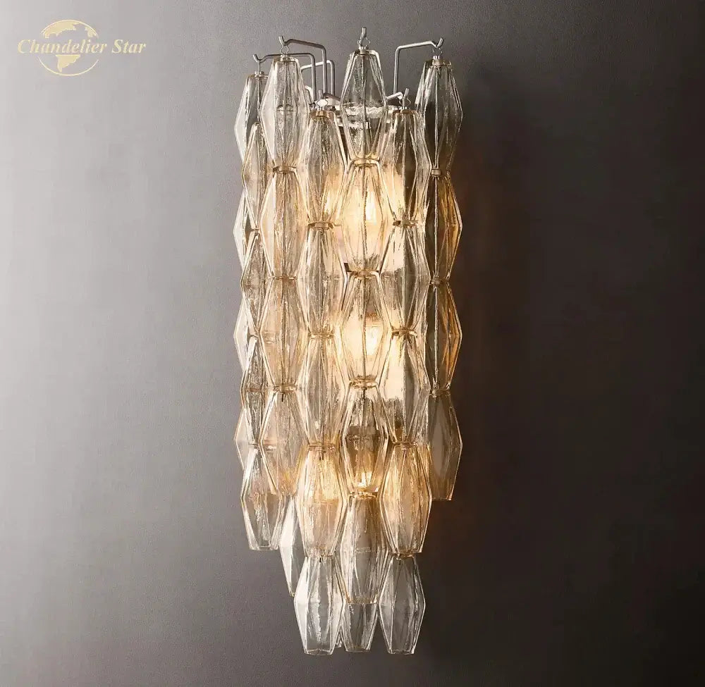Clear faceted glass wall sconce with cascading design and warm amber lighting decorbites chiara glass led fixture