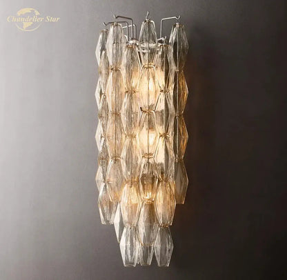 Clear faceted glass wall sconce with cascading design and warm amber lighting decorbites chiara glass led fixture
