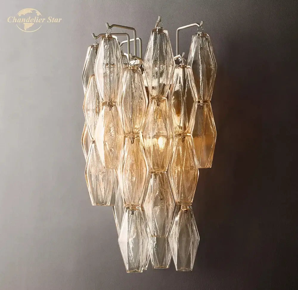 DecorBites chiara glass led wall sconce with cascading clear and amber faceted glass shades and sleek metal frame