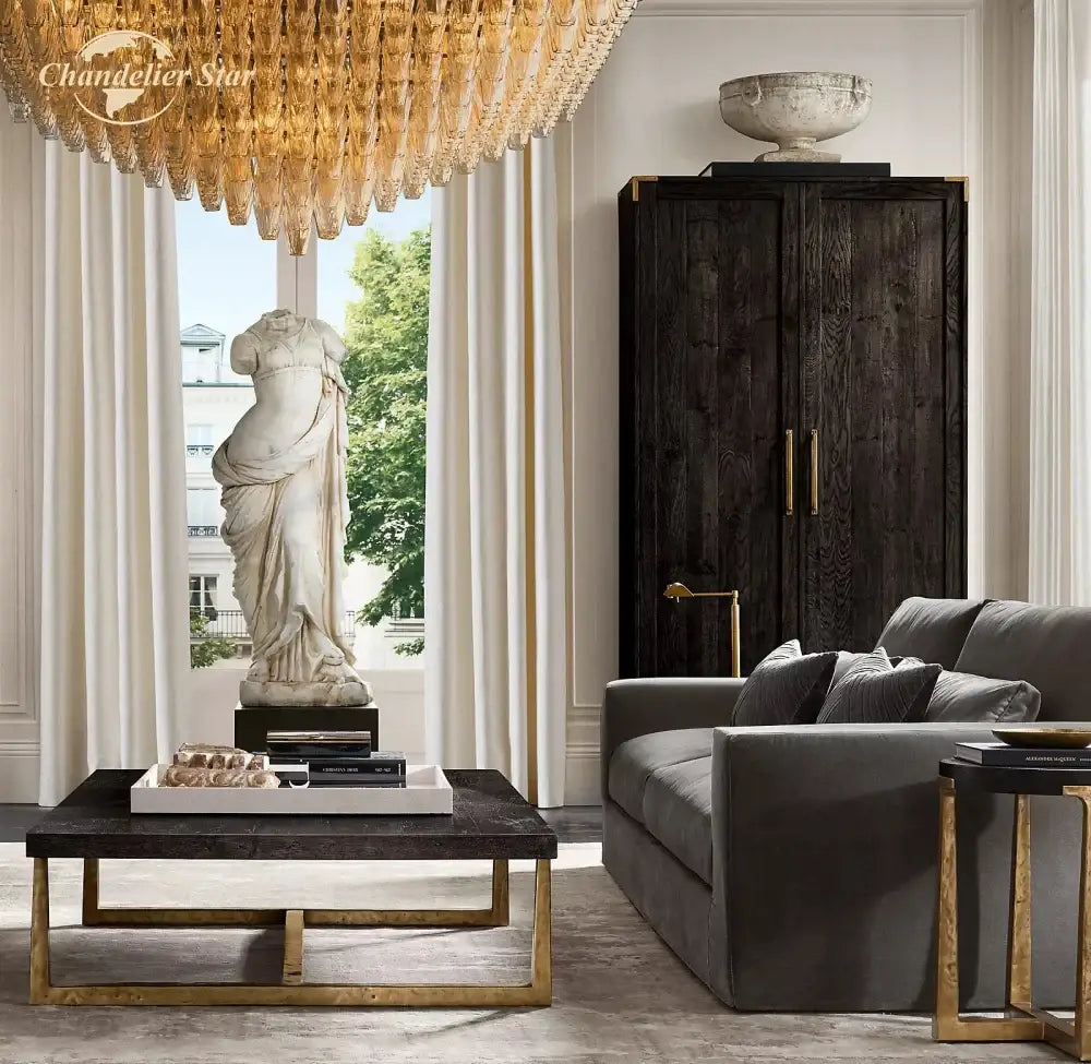 White marble statue of a draped female figure on a black pedestal featured with decorbites chiara glass square led chandelier pendant light fixture
