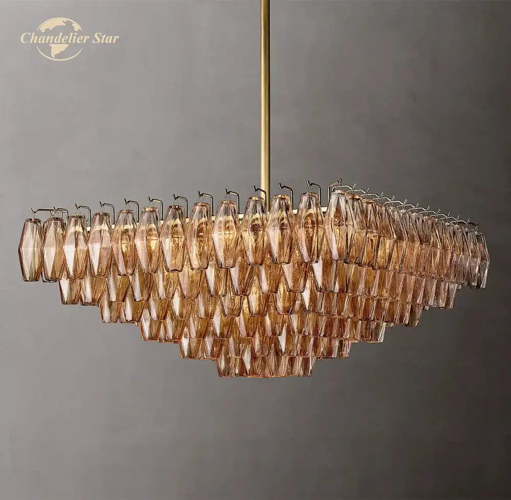 Decorbites chiara glass square led tiered amber glass chandelier with faceted crystals and brass rod suspension