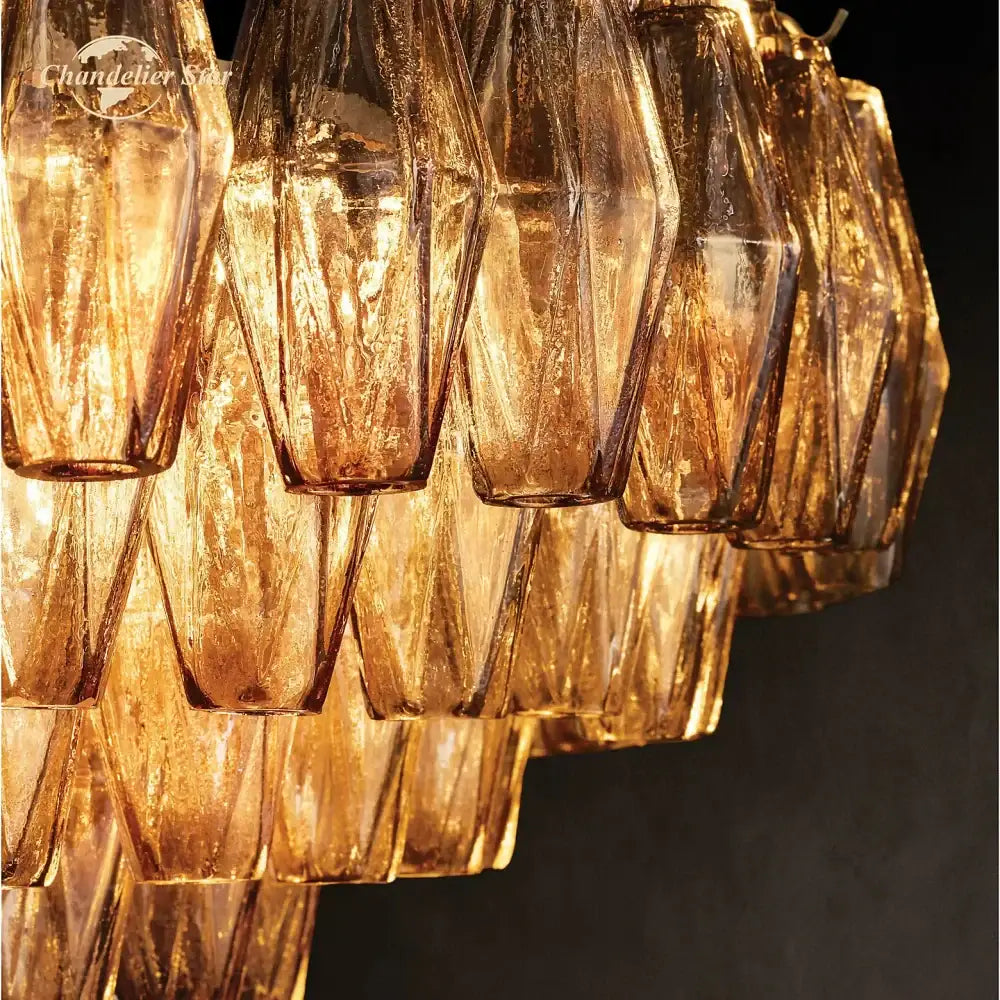 Decorbites chiara glass square led chandelier pendant light fixture in golden amber glass with faceted geometric elements