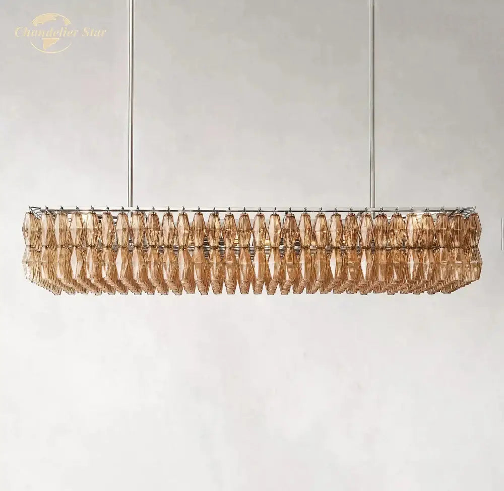 A modern decorbites chiara smoke glass linear chandelier with amber faceted crystals and chrome rods for dining and living rooms