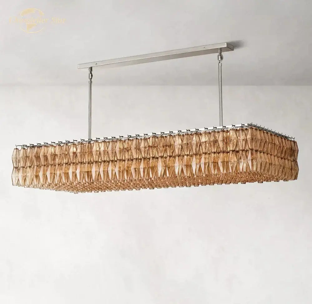 Rectangular modern chandelier with amber amber-tinted glass prisms from decorbites chiara smoke glass collection