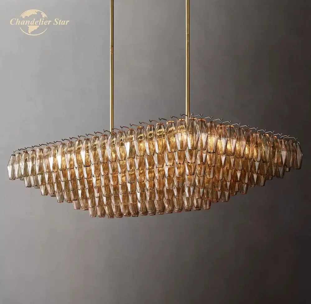Gold-toned decorbites chiara smoke glass tiered chandelier with cascading amber prisms and slender brass rods hanging light