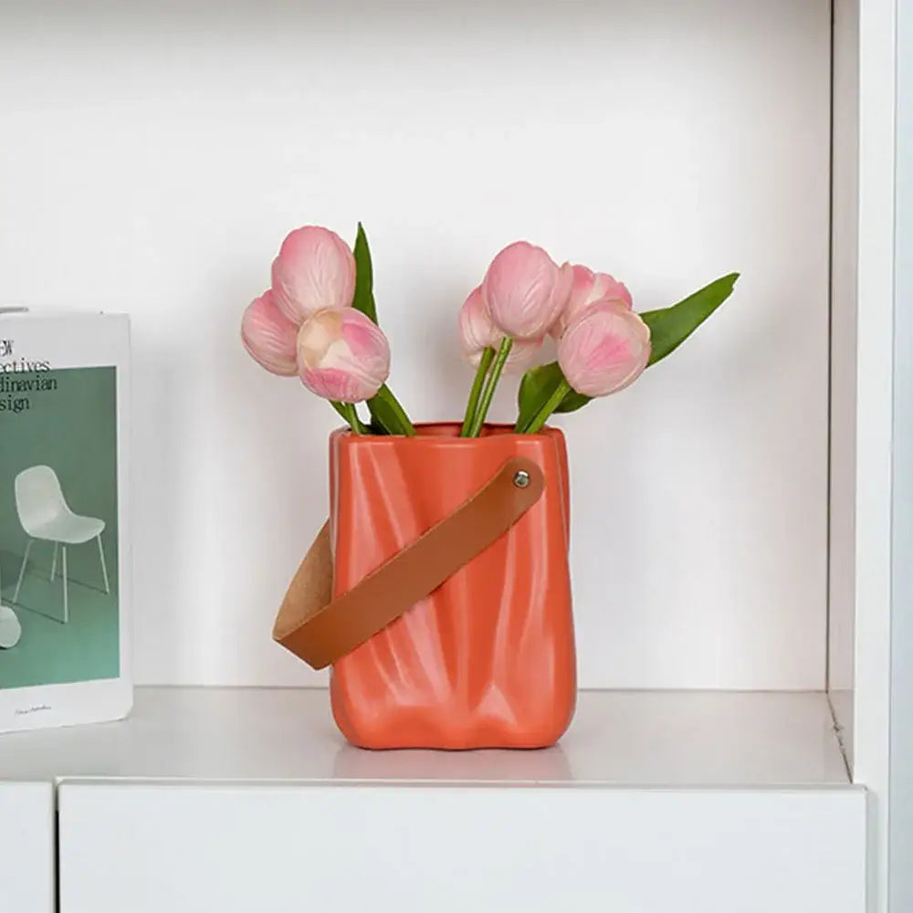 Orange ceramic vase with brown leather strap decorbites™ chic ceramic vase for home decoration