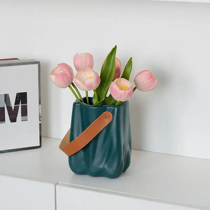 Teal ceramic vase with brown leather strap from decorbites™ chic ceramic vase collection for home decoration