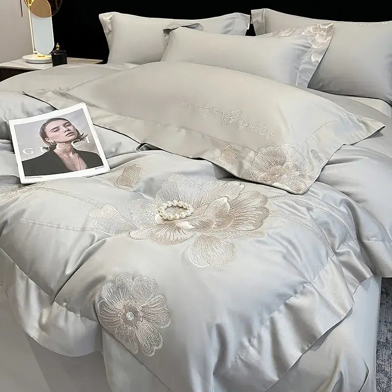 Silk-gray DecorBites™ chic embroidered cotton bedding set with elegant floral embroidery and pearl accents for luxury décor