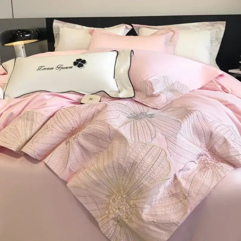 Pink satin bedding set with delicate gold floral embroidery and matching pillows decorbites chic embroidered cotton