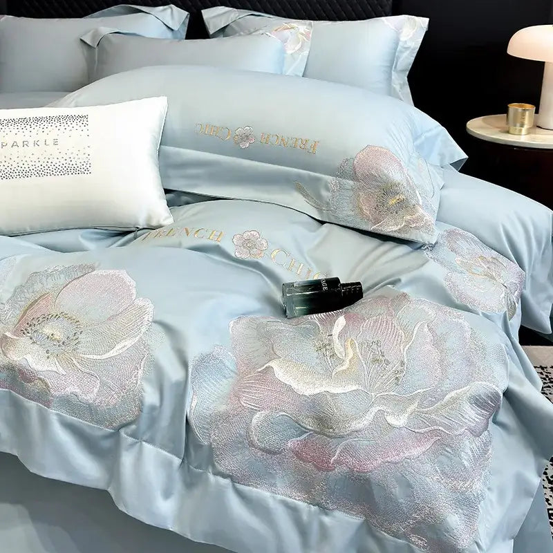 Light blue satin bedding set with soft pink white and gold floral embroidery decorbites chic embroidered cotton luxury