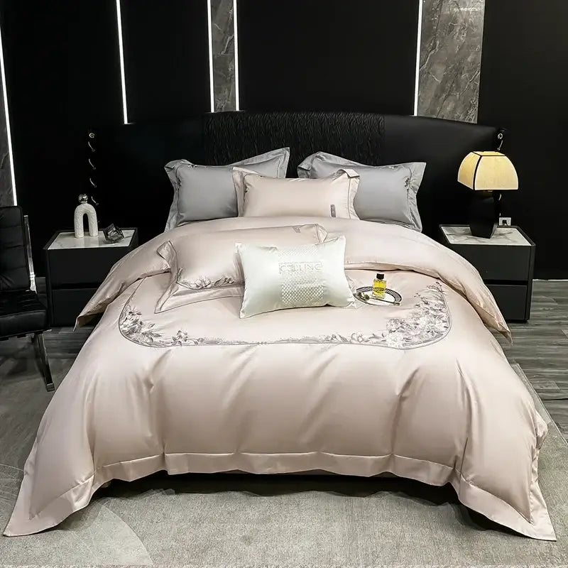 Luxurious blush pink satin bedding set with silver floral embroidery by decorbites chic flowers embroidery 1000tc egyptian cotton