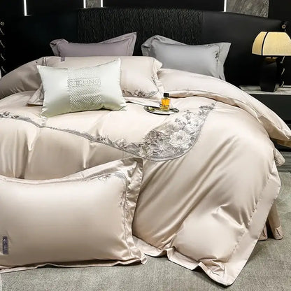 Beige satin bedding set with decorbites chic flowers embroidery made of 1000tc egyptian cotton luxury fabric