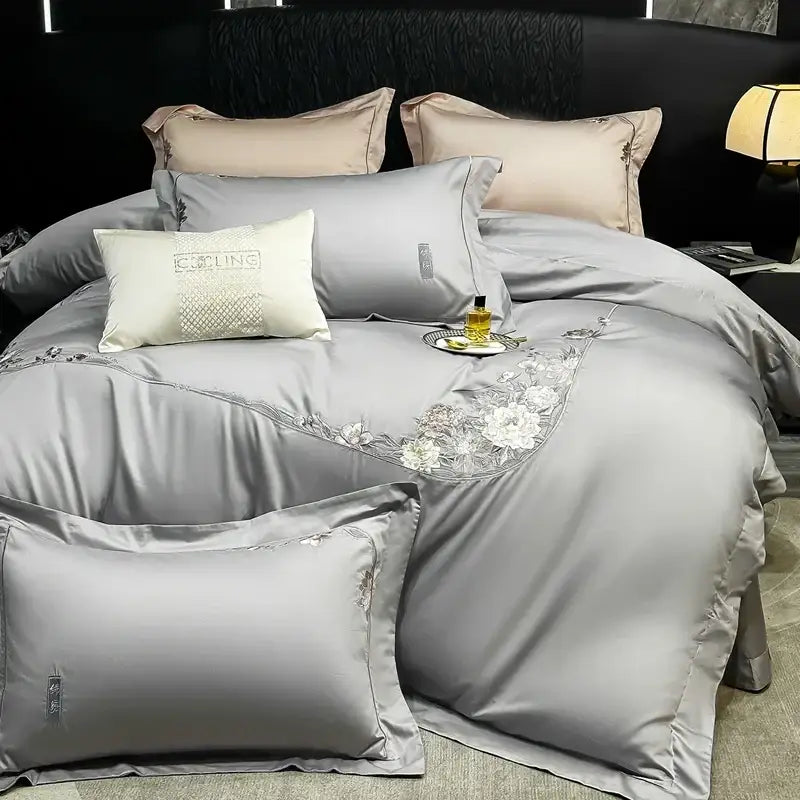 Gray satin duvet cover with white floral embroidery edge from decorbites chic flowers embroidery bedding set 1000tc cotton