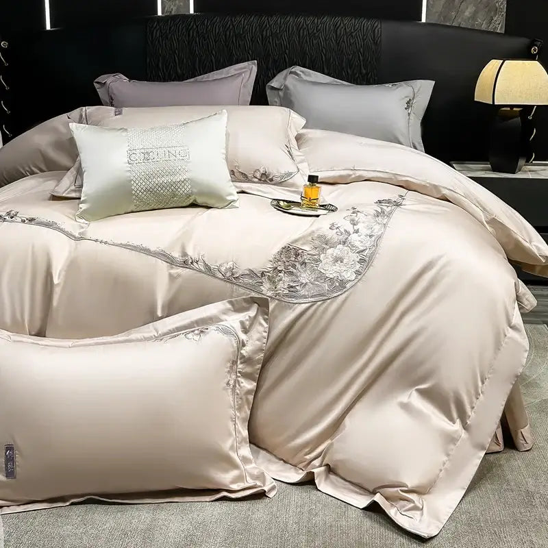 Beige satin bedding set with silver chic flowers embroidery and matching pillow from DecorBites chic flowers collection