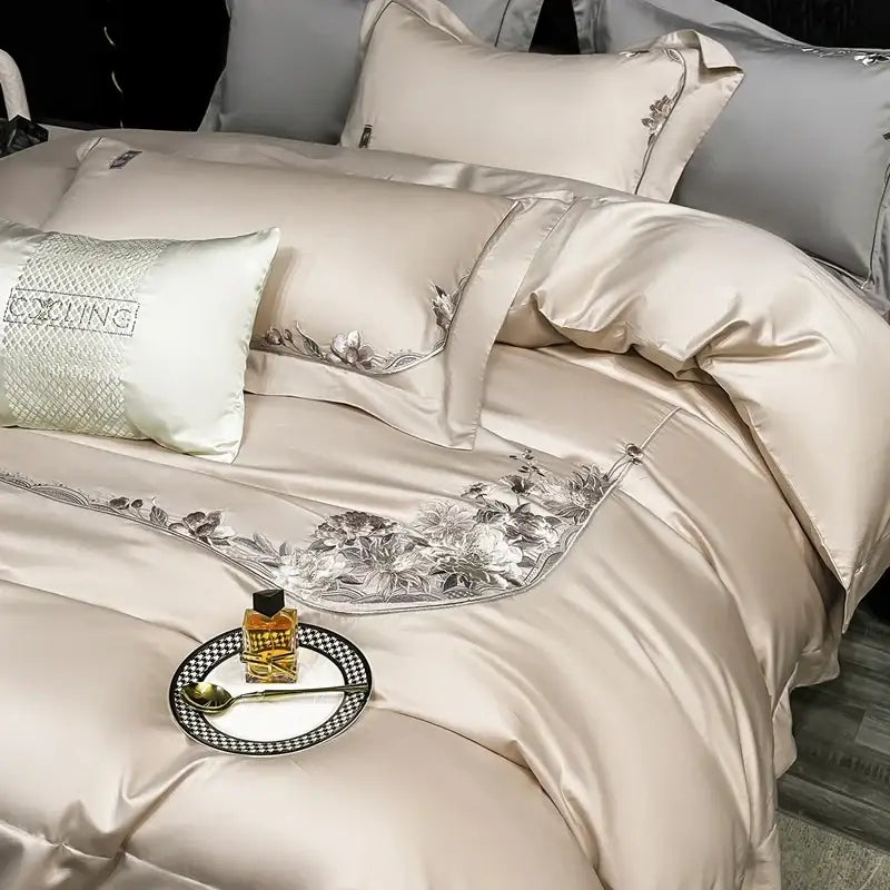 Beige satin bedding set with intricate gray chic flowers embroidery and matching pillow by decorbites chic flowers in 1000TC cotton