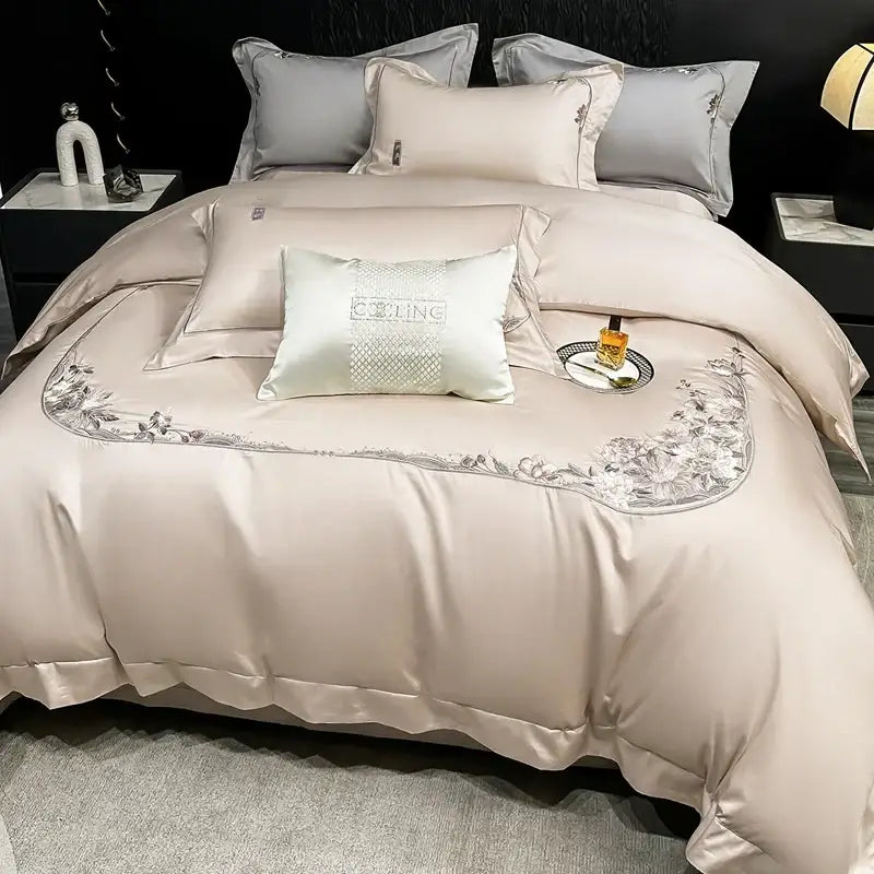 Beige satin bedding set with silver chic flowers embroidery and matching pillows from DecorBites chic flowers collection
