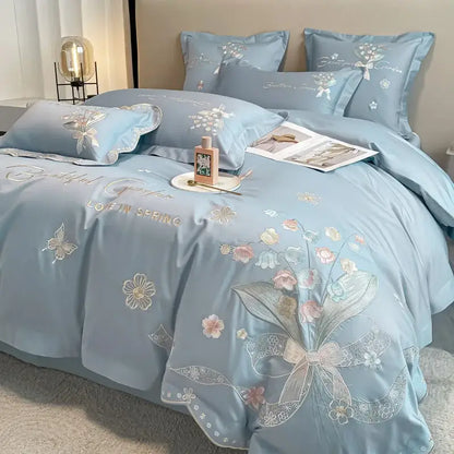 Light blue satin decorbites chic flowers embroidery bedding set with delicate floral embroidery and lace-trimmed bow design