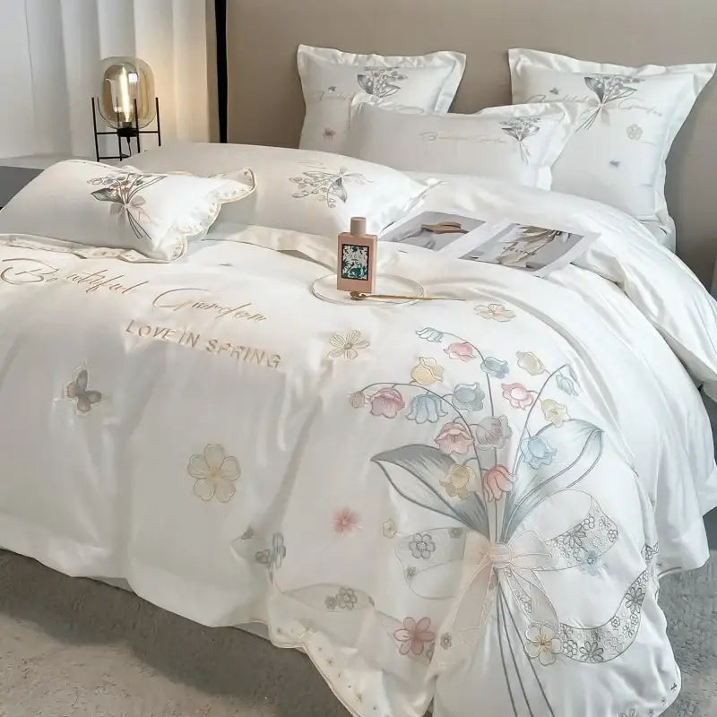 White satin decorbites chic flowers bedding set with delicate pastel embroidery and lace ribbon bow in 100% egyptian cotton