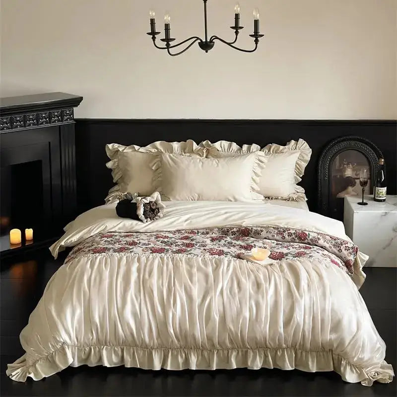 Cream-colored satin decorbites chic flowers jacquard cotton bedding set with floral bed runner and ruffled edges