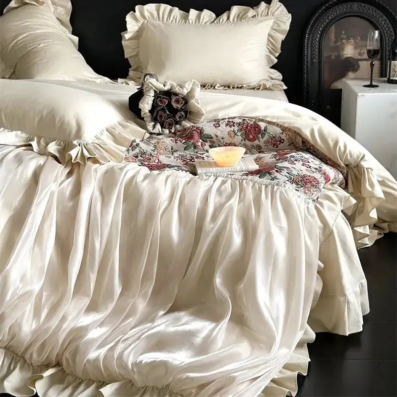 Cream-colored satin bedding set with ruffled edges and floral accents from decorbites chic flowers jacquard collection