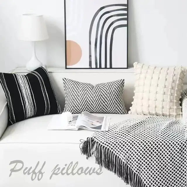 Black and white striped decorbites chic pillow with textured chunky knit design for modern minimalist home decor
