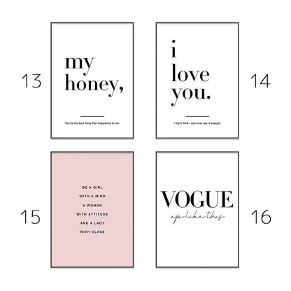 Set of four minimalist framed wall art prints with black text on white and blush pink backgrounds for chic pink room decor