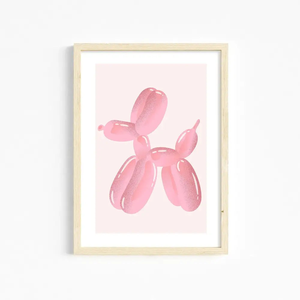 Pink balloon dog art print in light wood frame suitable as chic pink wall art for girls room decor
