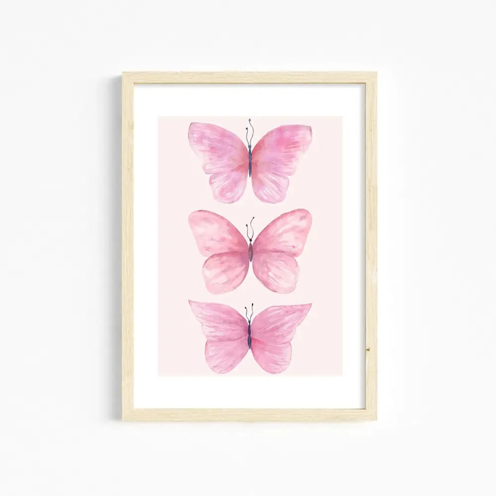 Decorbites™ chic pink wall art featuring three delicate butterflies in light wood frame for girls room pink wall decor