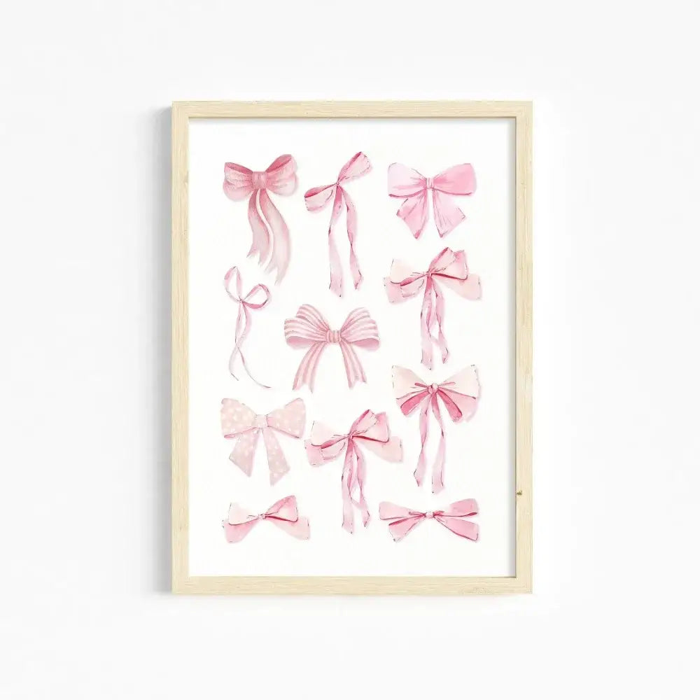A framed watercolor illustration of pink bows in various styles on white background pink wall art for girls room