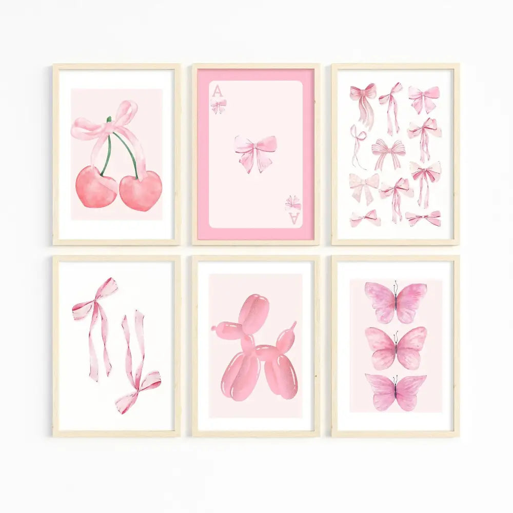 Set of six framed watercolor pink wall art prints featuring cherries, bows, cards, butterflies, and balloon dog for girls room