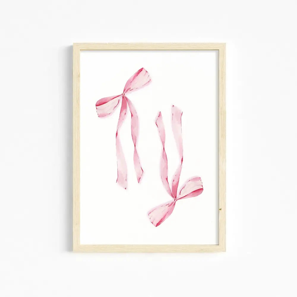 Decorbites™ chic pink wall art featuring pink watercolor ribbon bows in a light wood frame for girls room wall art