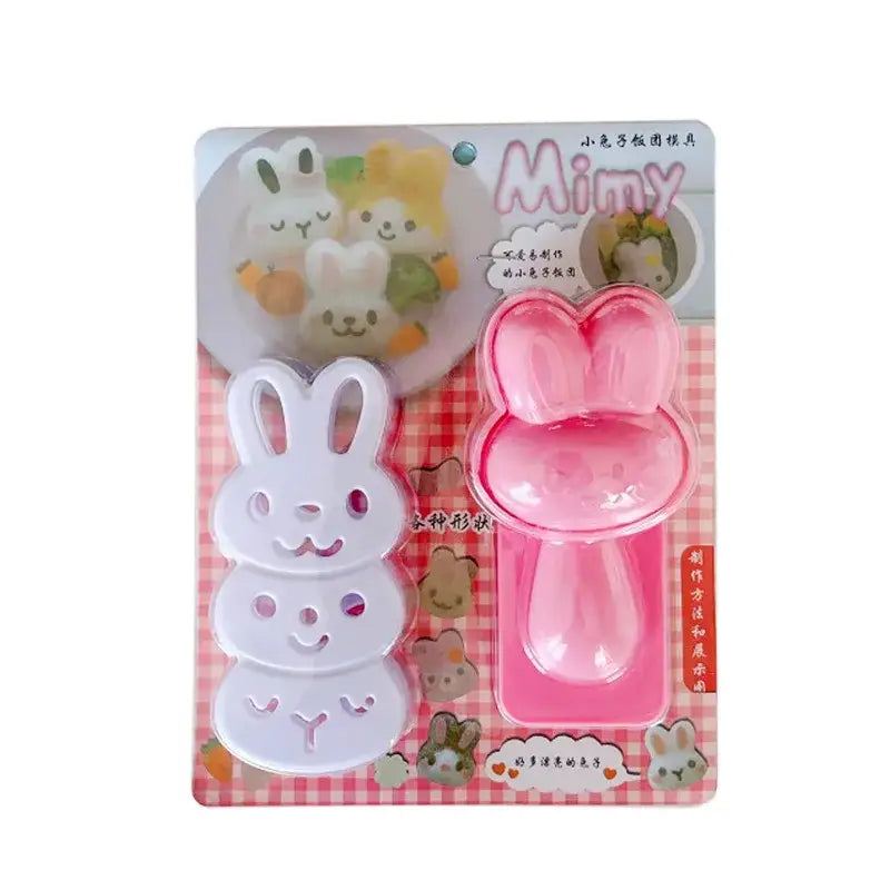 Pink and white bunny-shaped rice ball mold set from decorbites chicken bear for kawaii sushi bento making