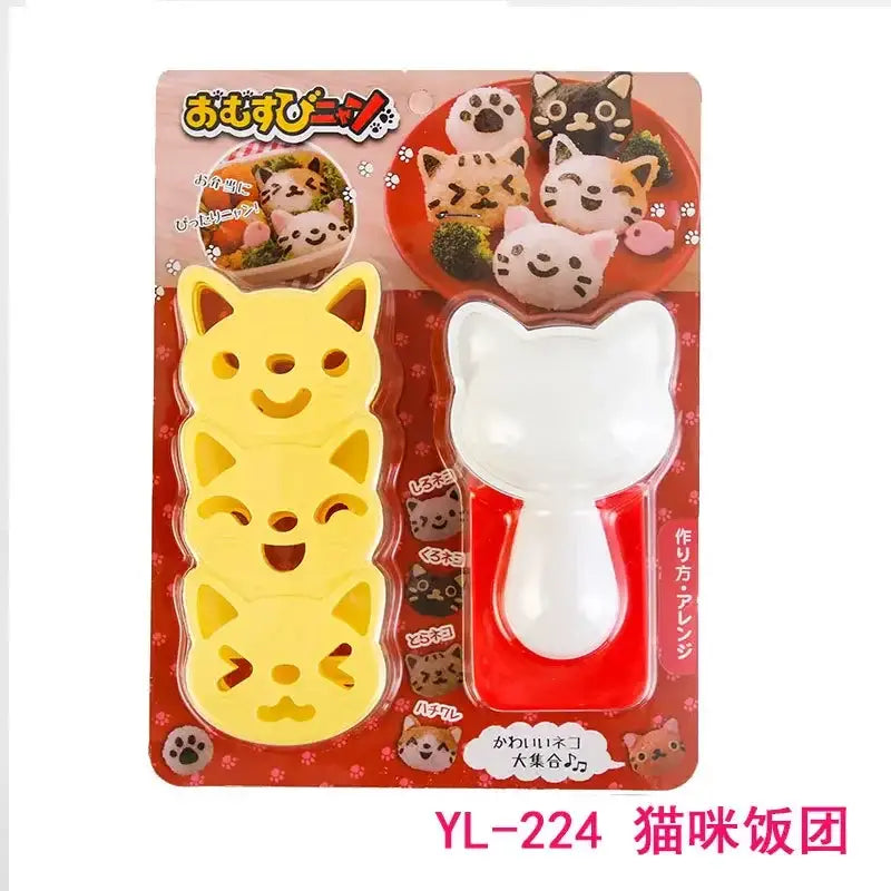 Decorbites chicken bear rice ball mold set with yellow and white plastic cat-shaped molds and matching spoon