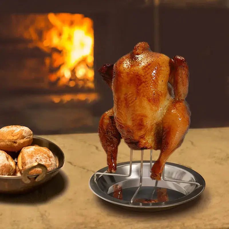 Golden-brown roasted chicken on a stainless steel decorbites chicken roaster rack and tray for oven grilling